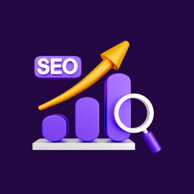 Bar chart with a rising arrow and an SEO label