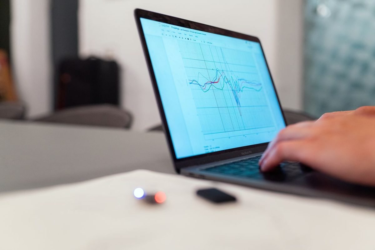 Person analyzing a graph on a laptop screen