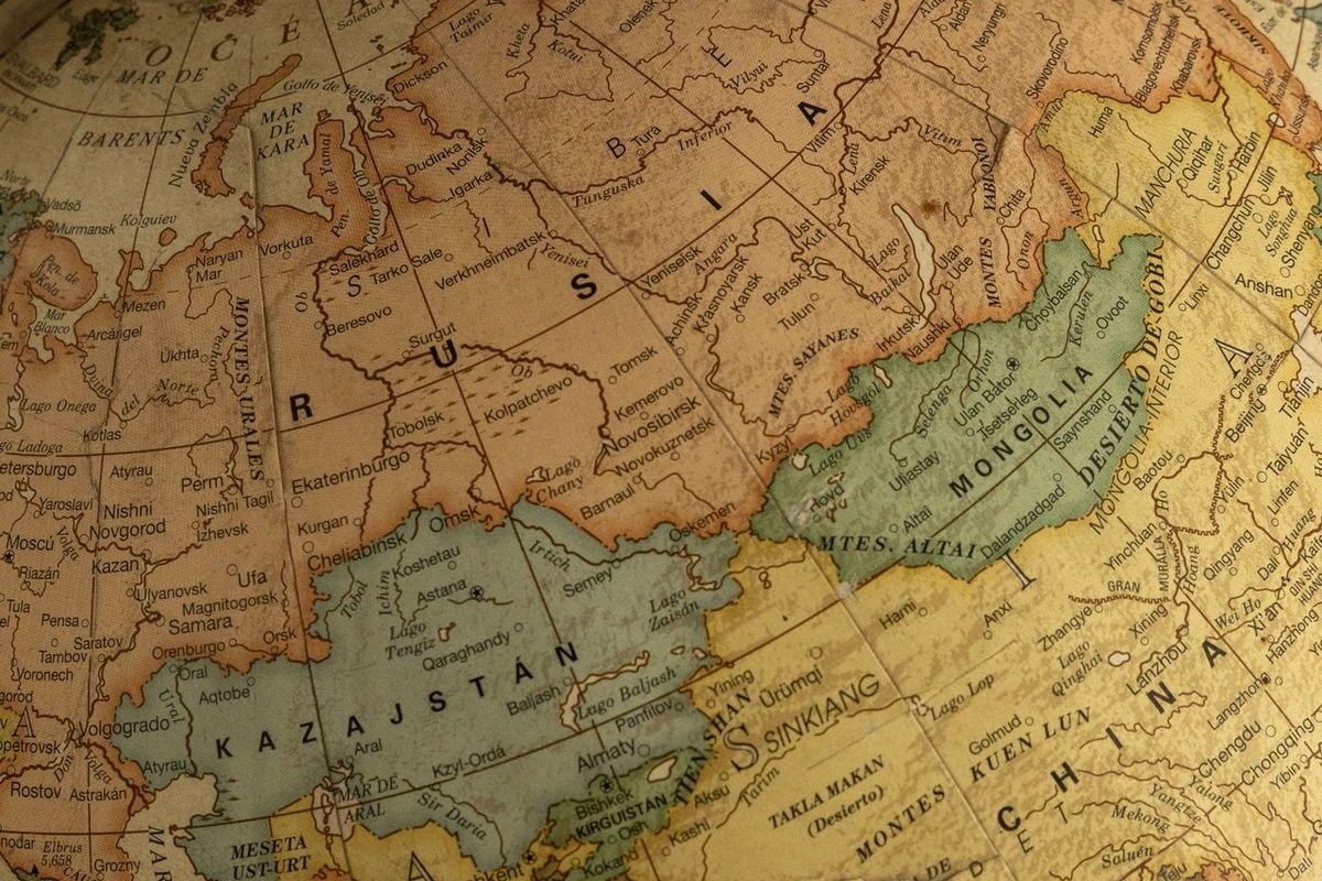 Close-up of an old map showing Russia, Kazakhstan and China