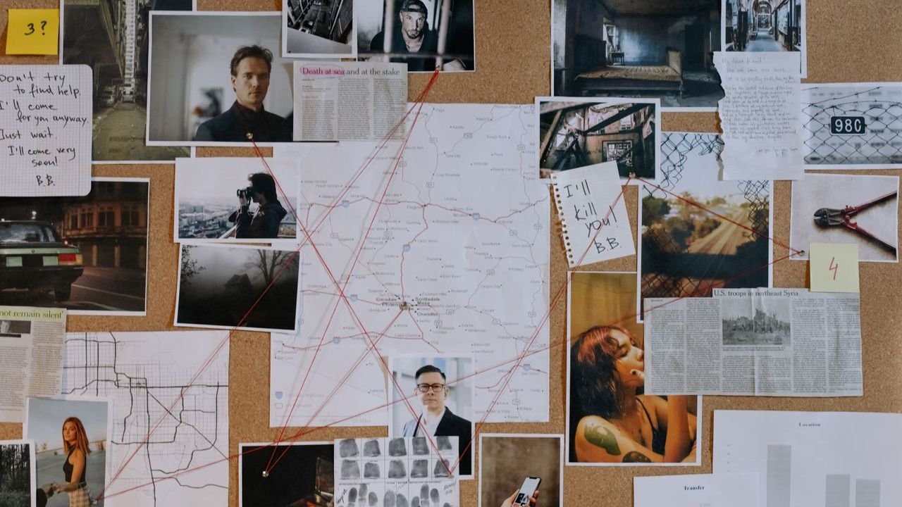 Investigation board with photos, maps and red strings connecting clues
