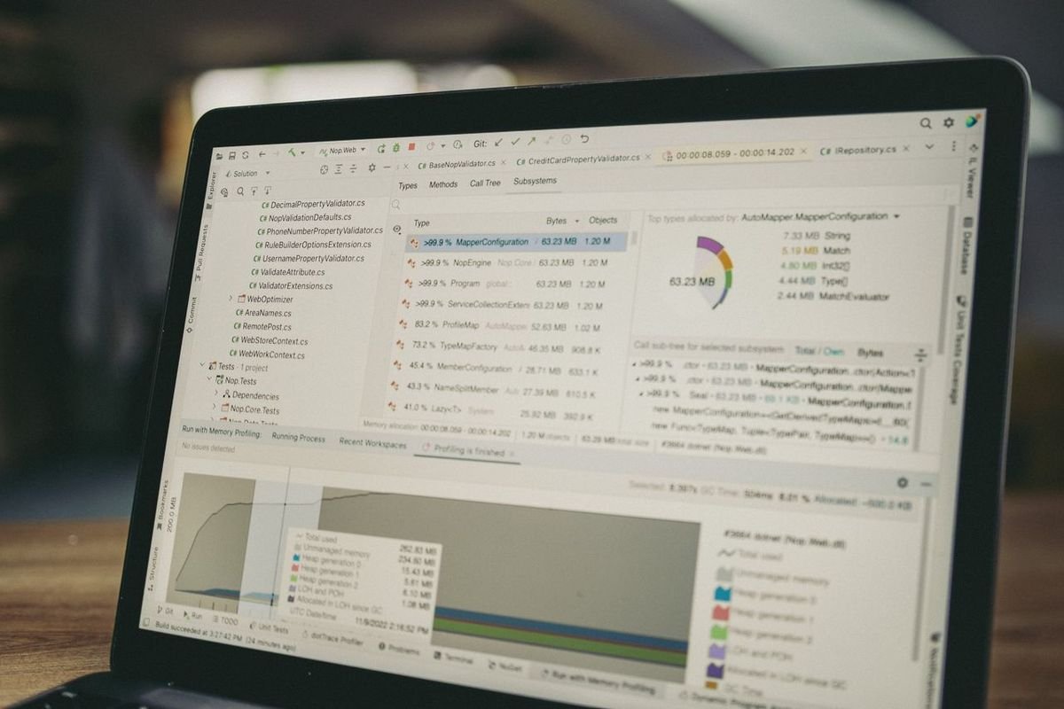 Laptop screen showing a software report with charts and tables