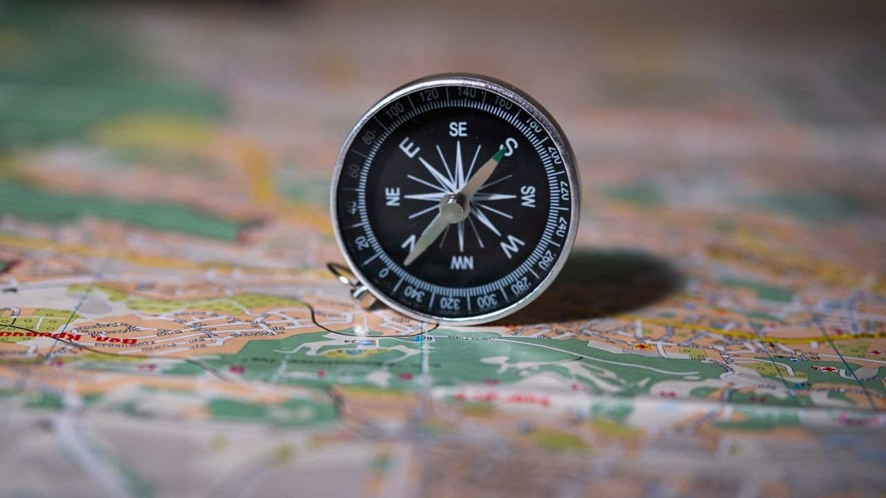 Compass resting on a detailed paper map