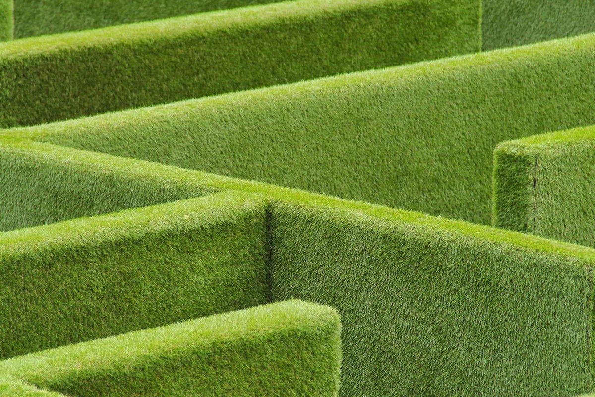 Aerial view of a circular hedge maze
